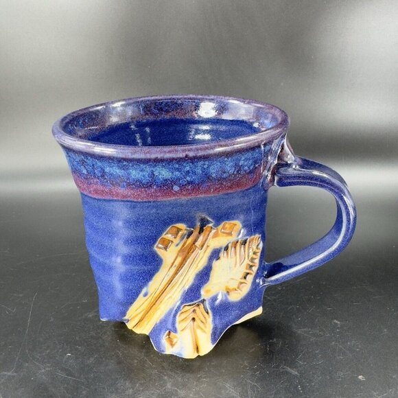 Hand Made Abstract Coffee Mug Cup Cobalt Blue Pottery Mug Artist Signed Bottom - Picture 16 of 16